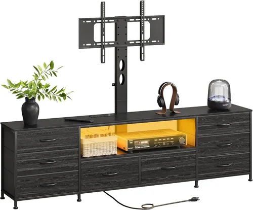 Large TV Stand with Power Outlet and LED Lights, Entertainment Center with 8 Drawers and TV Mount, Rustic Wood Media Console Table with Storage for