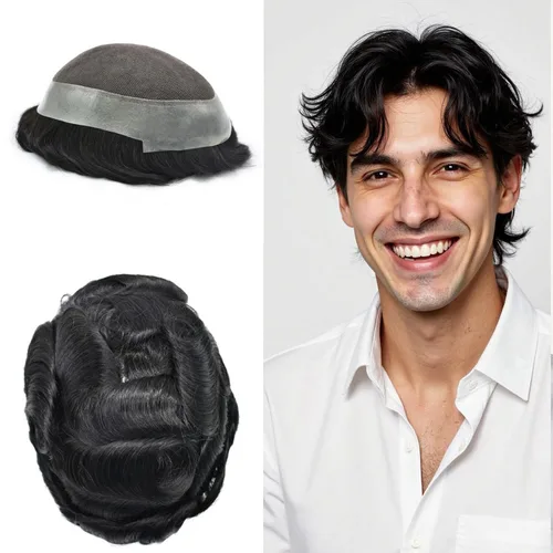 Miniatura 87 de Toupee para hombres Sistema de reemplazo de cabello humano real pieza de cabello humano para hombres encaje suizo para hombre Toupee Hair Pieces