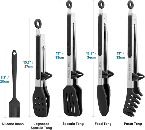 Miniatura 5 de Paquete de 5 pinzas de silicona para cocinar, 4 pinzas de cocina de 13 pulgadas con puntas de silicona, pinzas de acero inoxidable antiadherentes
