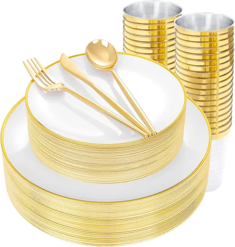 Miniatura 12 de ejonirinjonir EI - 180 platos de plástico beige con cubiertos de plástico dorado, platos desechables de alta resistencia para fiestas, juego
