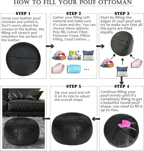 Miniatura 5 de Thgonwid Funda de puf otomano marroquí sin relleno, solución de almacenamiento para reposapiés otomano, silla puf, reposapiés, color negro