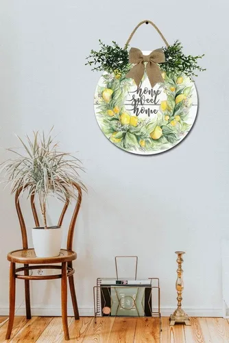 Miniatura 2 de Letrero de corona de limón para puerta delantera, coronas divertidas, decoración de placa de madera para colgar, decoración redonda de madera