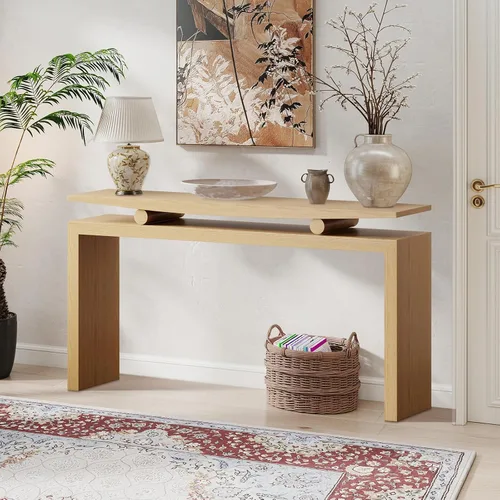 Miniatura 7 de Mesa de sofá de 59.05 pulgadas para sala de estar, mesa consola Morden, mesa rectangular estrecha de madera maciza con patas de madera de goma