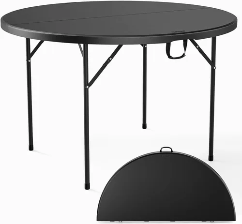 VINGLI Mesa Comercial Redonda Negra Bi-Plegable de 48", Mesa de Comedor/Cartas de Plástico Portátil de 4 Pies para Cocina o Fiesta al Aire Libre,