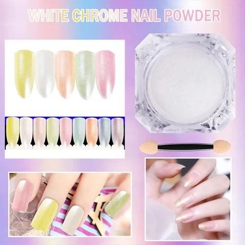 Miniatura 2 de Polvo de uñas de cromo perla blanca, polvo de uñas blanco nacarado, purpurina en polvo sinfonía perla de sirena neón para uñas, el polvo es fino