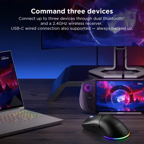 Miniatura 2 de Lenovo Legion M220 - Mouse inalámbrico RGB para juegos, Bluetooth de doble canal, 2.4 GHz inalámbrico, carga USB-C, interruptor DPI de 5 niveles