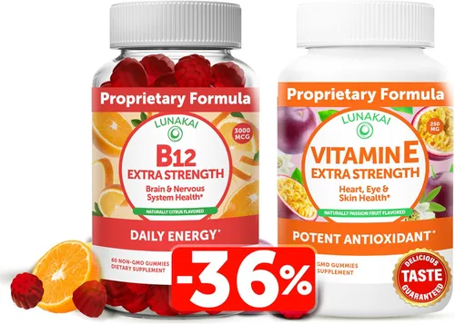 Lunakai Paquete de gomitas de vitamina B12 y vitamina E – Gomitas de 3000 mcg para adultos, apoyo energético y salud ósea, 250 mg 1000 iu