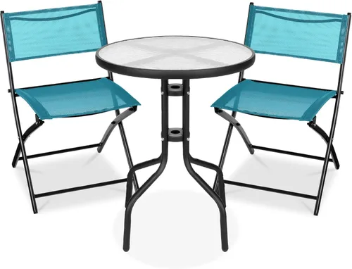 Miniatura 20 de Best Choice Products Juego de muebles de comedor de 3 piezas con mesa de vidrio texturizado, 2 sillas plegables de acero, tela de poliéster