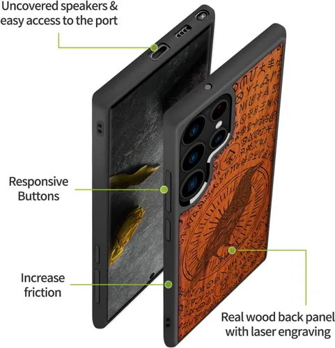Miniatura 6 de Carveit Funda de madera para Galaxy S22 Ultra [madera natural y TPU suave negro] a prueba de golpes, diseño único de madera compatible con Samsung
