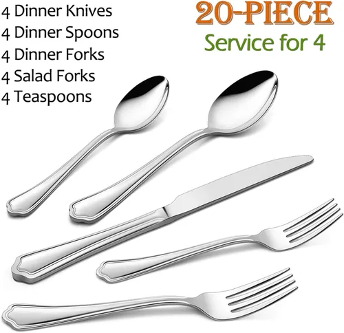 Miniatura 2 de E-far - Juego de cubiertos de acero inoxidable de 20 piezas, servicio para 4 personas, juego de utensilios de cocina de metal, cuchillos, tenedores