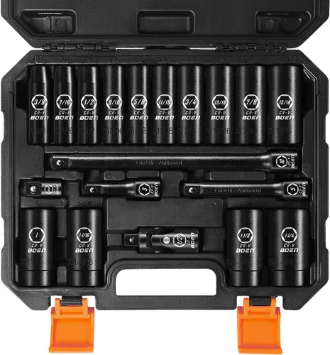 Miniatura 13 de BOEN Juego de llaves métricas de impacto profundo de 1/2 pulgada, juego de 20 piezas de acero Cr-V de 0.394 a 0.994 pulgadas, incluye barras