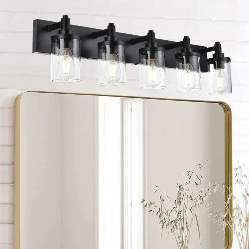 Lámpara de tocador moderna negra para baño, 5 luces de baño, sobre espejo con pantalla de vidrio transparente, lámpara de montaje en pared, luces de