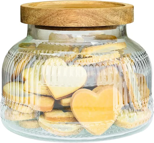 Miniatura 5 de Tarro decorativo de vidrio azul con tapa de madera hermética de 25.4 onzas, 2 piezas, boca ancha, recipientes de almacenamiento de alimentos