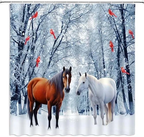 Cortina de ducha de invierno de Navidad, caballos, pájaros rojos, escena de nieve, feliz año nuevo, decoración de baño, juego de cortinas con ganchos