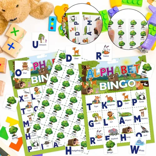 Miniatura 2 de Juego de bingo de animales del alfabeto, 24 jugadores, tarjetas de bingo de animales con reconocimiento de letras, tarjetas de juego de bingo