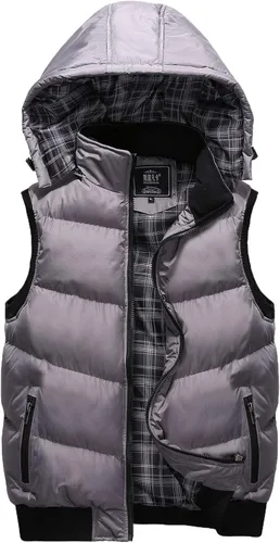 Miniatura 7 de WENKOMG1 Chaleco con capucha con doble cremallera para hombre, abrigo de color sólido, abrigo cálido y grueso, sin mangas, chaqueta suelta