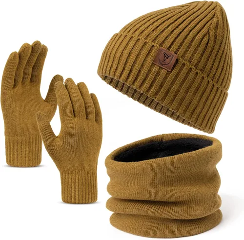 OZERO Juego de 3 piezas de gorro de invierno y bufanda para mujeres y hombres: guantes para pantalla táctil, gorro de punto, calentador de cuello,