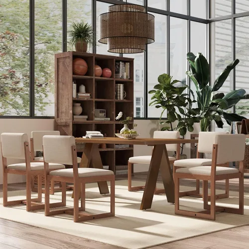 Miniatura 9 de LukeAlon Juego de 4 sillas de comedor vintage de lino, sillas laterales de cocina con respaldo abierto de granja con patas de madera maciza, sillas