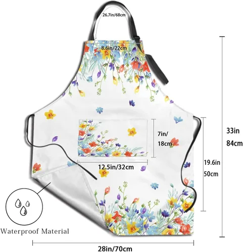 Miniatura 5 de Delantal floral de acuarela para mujer con 2 bolsillos, colorido arte floral, delantal impermeable, 28 x 33 pulgadas