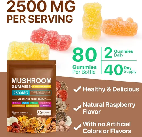 Miniatura 4 de Gomitas de hongos para adultos, suplemento de hongos 10x, energía, concentración, apoyo al estado de ánimo y cognitivo, vegano, inmunológico, apoyo