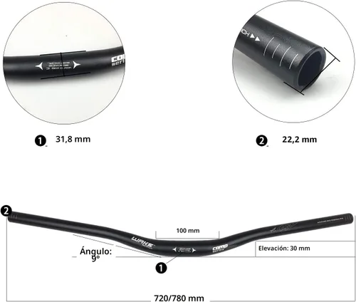 Miniatura 2 de Wake 31,8 mm de manillar de bicicleta de montaña MTB, manillar elevador de bicicleta de montaña de aleación de aluminio, extra largo, 720/780 mm