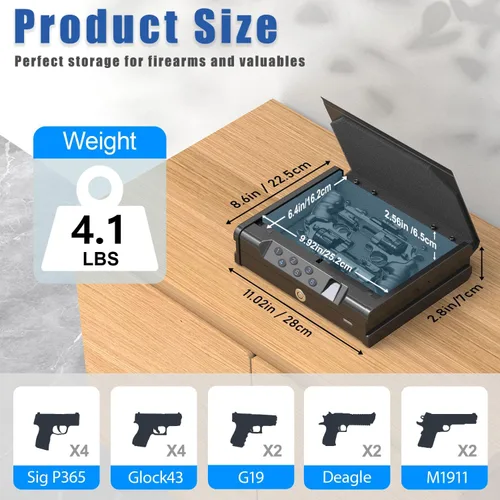 Miniatura 3 de Caja fuerte biométrica para pistolas - Caja fuerte para armas de mano de acceso rápido con huella dactilar y teclado digital Para 2 pistolas