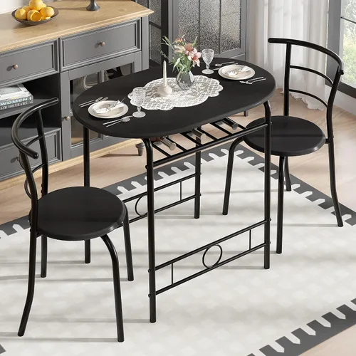 Miniatura 12 de VECELO Juego de mesa de comedor de 3 piezas para rincón de desayuno, mesa ovalada de mármol sintético y marco de metal con estante de vino Blanco