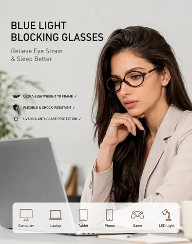 Miniatura 2 de Slocyclub - Lentes de bloqueo de luz azul de moda ovaladas para mujeres y hombres, anteojos vintage con armazón pequeño ovalado retro, Whiskey
