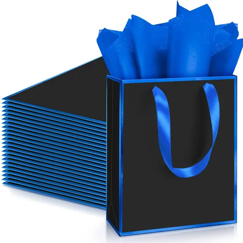 Miniatura 16 de Yeaqee Paquete de 24 bolsas de regalo de papel metálico con asa y papel de seda de 9 x 7 x 3.1 pulgadas, bolsas de favor de bienvenida con papel