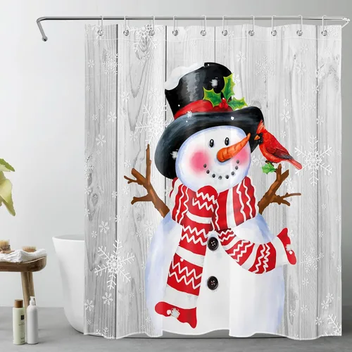 Miniatura 21 de LB Cortina de ducha de muñeco de nieve azul para baño, árbol de Navidad y copo de nieve en invierno con ganchos, juego de cortina de baño