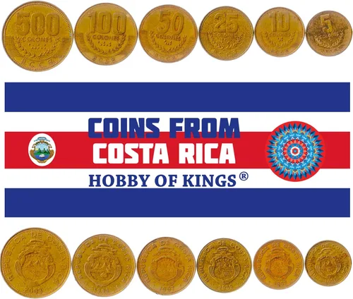6 Coins de Costa Rica | Colección de Monedas Costa Rica Tico 5 10 25 50 100 500 Colones | Circulado 1997-2005 | Barco | Estrella | Volcán | Rama de