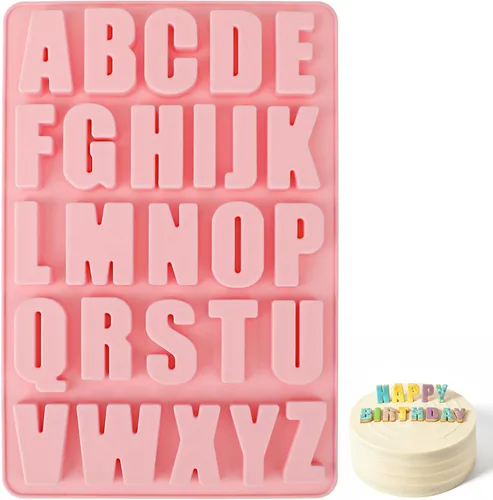 Moldes de letras de silicona rosa, molde del alfabeto de 26 cavidades para chocolate, moldes de chocolate A-Z letras para pasteles, cubitos de