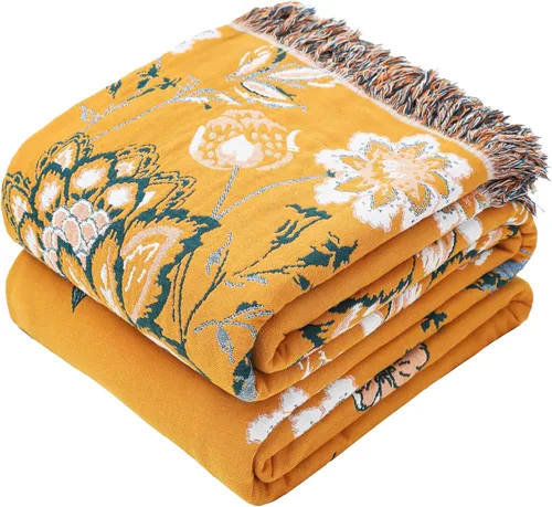 Miniatura 34 de VANJOROY - Manta bohemia de 100% algodón orgánico, transpirable, ultrasuave, decoración rústica, manta decorativa con diseño floral para todas