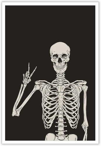 Divertido lienzo de esqueleto negro para pared, decoración espeluznante, póster de Halloween, impresión de señal de paz con la mano alta, huesos,
