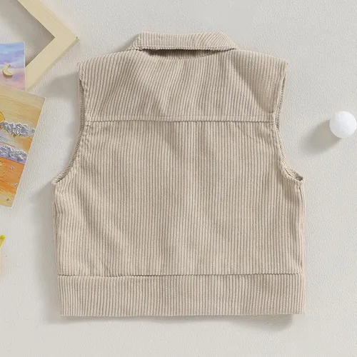 Miniatura 3 de Omkzanbi Chaleco de pana para niños y niñas, con cuello alto, bolsillo con botones, sin mangas, para otoño e invierno