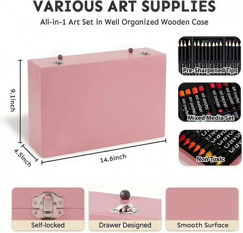 Miniatura 7 de Juego de lujo de 175 piezas de arte en madera, kit de dibujo y pintura con 2 bloques de dibujo, pinturas acrílicas, lápices de colores, lápices