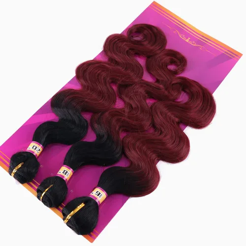 Miniatura 6 de Extensiones de cabello ondulado sintético de color rojo vino 3 paquetes de 16 18 20 pulgadas, color ombre de negro a burdeos, trenza de cabello