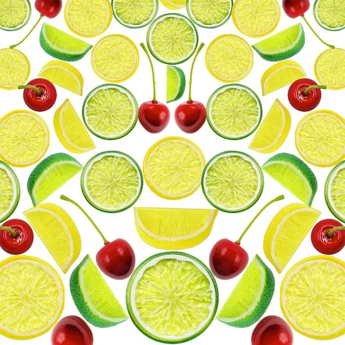 40 piezas de cerezas artificiales realistas de limón y limón, rodajas decorativas de limón, bloques de limón, cerezas rojas, negras y rojas, frutas