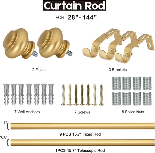 Miniatura 7 de SIMEWIN Barras de cortina doradas para ventanas de 72 a 144 pulgadas, ajustables, decorativas, de 1 pulgada de diámetro, juego de cortineros Dorado