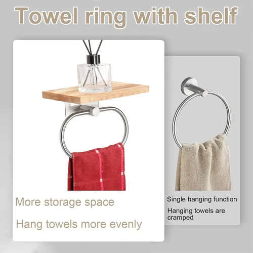 Miniatura 4 de TocTen Toallero de mano para baño, toalla de pared con estante de madera, toallero de mano de metal de alta calidad, accesorios de baño, colgador
