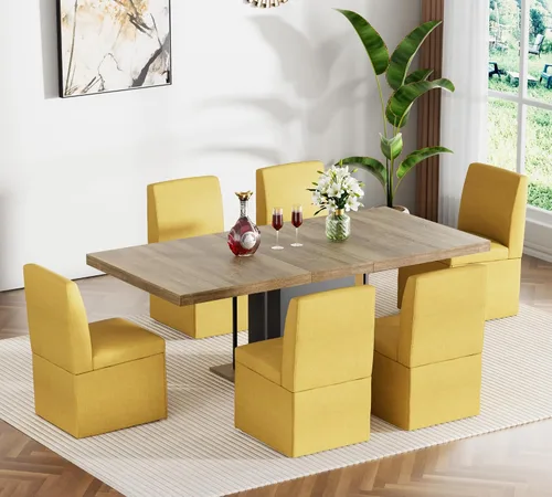Miniatura 10 de Juego de mesa de comedor extensible para mesa de cocina extensible de 4, 5 piezas y 4 sillas de almacenamiento ocultas de lino tapizadas de madera