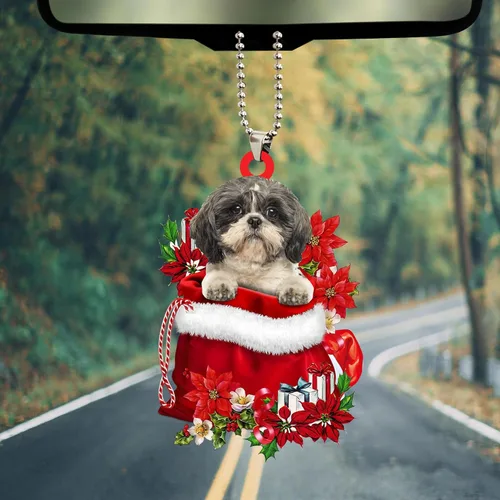 Miniatura 5 de Talataca Lhasa Apso - Bolsa de regalo de Papá Noel en color rojo, 2D, accesorios para espejo retrovisor para automóvil, adorno para árbol