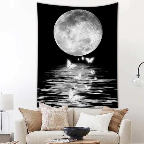 Miniatura 11 de LB Tapiz pequeño de luna llena sobre océano, tapiz de pared de cielo nocturno estrellado, fantasía 3D, arte de pared de luna grande en blanco