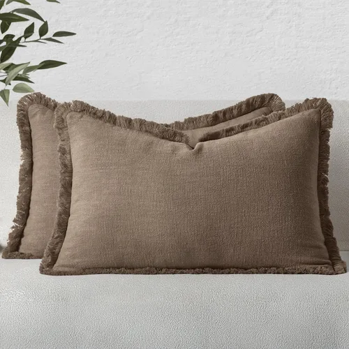 Miniatura 60 de MIULEE Juego de 2 fundas de almohada decorativas de lino neutro con flecos, fundas de cojín de estilo bohemio con borlas para sofá, cama, sala