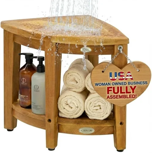 Miniatura 12 de EcoDecors Organizador de esquina de teca para ducha de 18 pulgadas, organizador de almacenamiento de madera impermeable con estante integrado