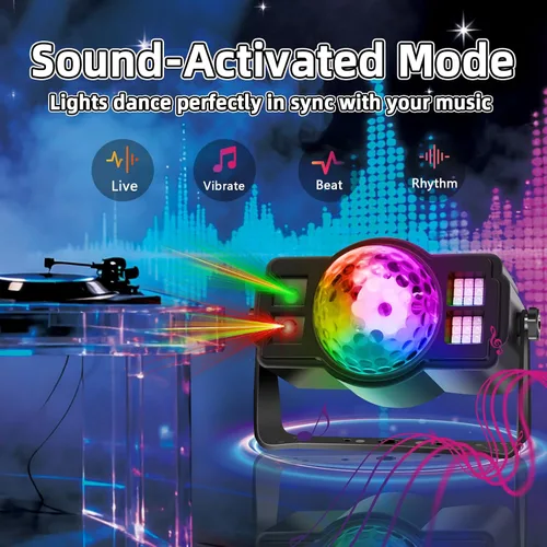 Miniatura 4 de Luces de fiesta de bola de discoteca 3 en 1, luz estroboscópica de DJ activada por sonido con 60 patrones, proyector LED alimentado por USB