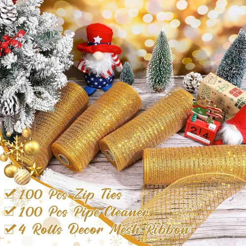 Miniatura 5 de Funtery 4 Rollos de 40 Yardas de Cinta de Malla Decorativa de Navidad, Cinta de Malla Decorativa con Tallo de Chenilla y Abrazaderas de Plástico