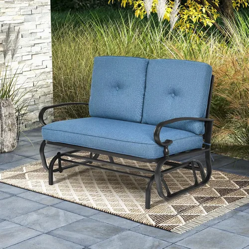 Miniatura 2 de Tangkula Silla mecedora para exteriores, banco planeador de patio para 2 personas, sofá biplaza mecedora para exteriores con marco de acero y Azul