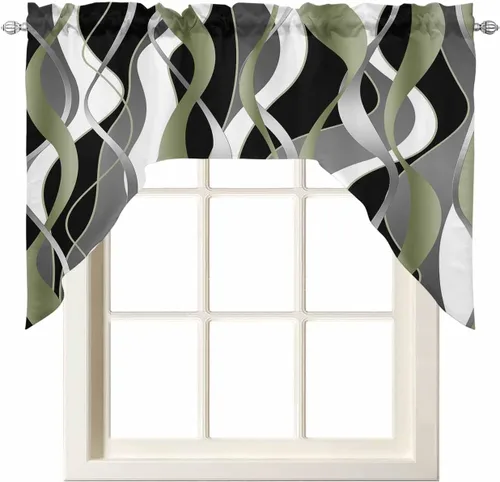 Miniatura 7 de Juego de 3 cortinas de cocina con cenefa a rayas verdes salvia, con bolsillo para barra, para dormitorio, sala de estar, baño, ventanas, modernas
