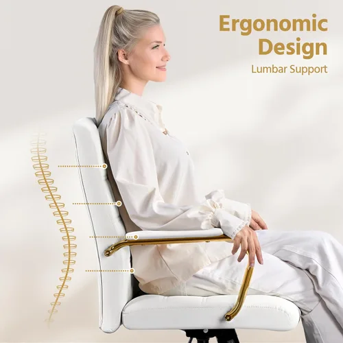 Miniatura 4 de Yaheetech Silla de Oficina de Respaldo Medio de Cuero PU Silla de Escritorio Ejecutiva Ajustable con Soporte Lumbar Pata Dorada Asiento Blanco
